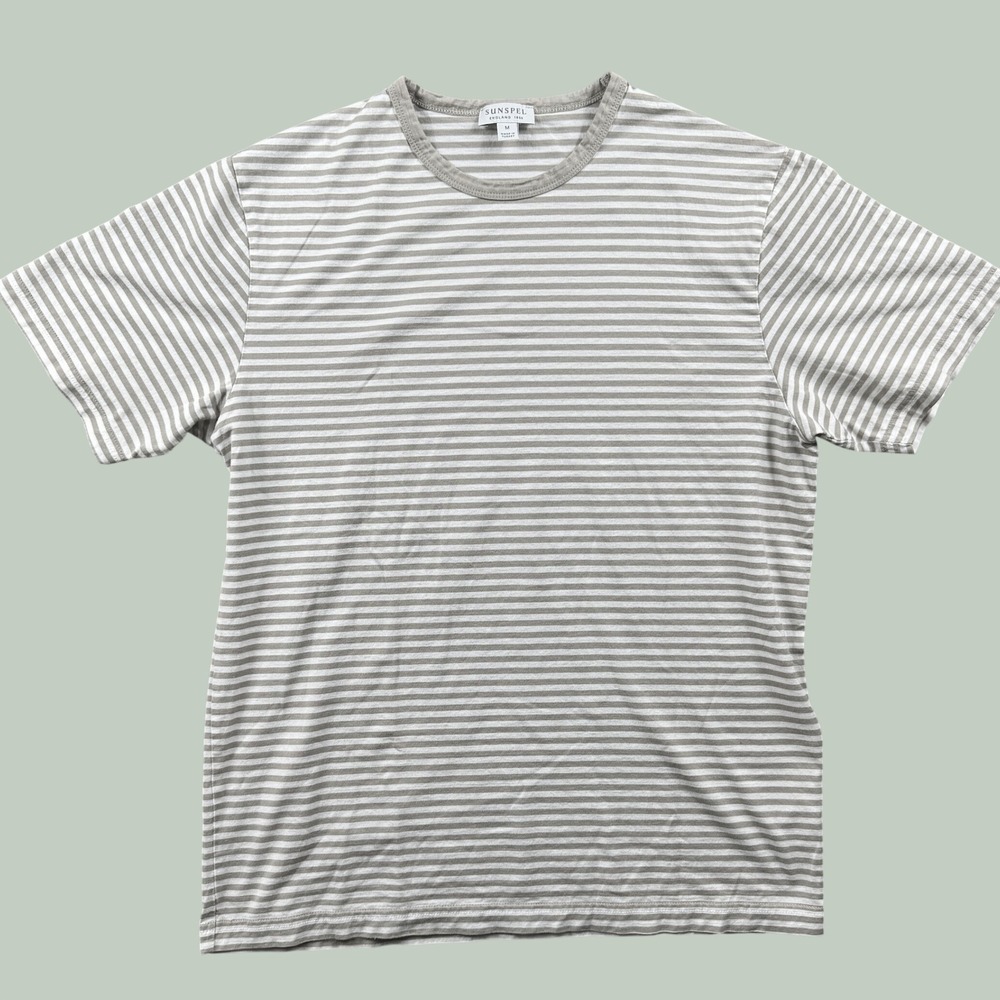 Sunspel T Shirt Womens M Tan Striped Cotton Short Sleeve Crew Neck Quiet Luxury